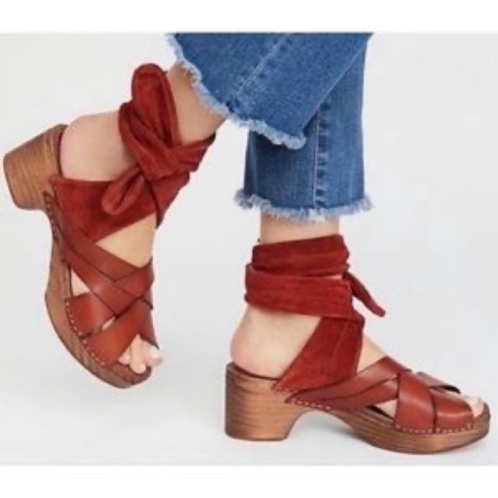 Free People Emmy Wooden Suede Wrap Clog Brown Leather